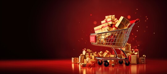 Generative AI, golden shopping cart with many gift boxes on red background with glittered bokeh, Christmas concept, discount and sale.	