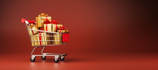 Generative AI, golden shopping cart with many gift boxes on red background with glittered bokeh, Christmas concept, discount and sale.	