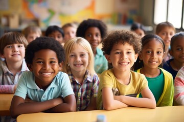 Happy diverse schoolchildren looking at camera. Smiling multiethnic kids posing for group portrait in a classroom of elementary school. Boys and girls of different skin colors go to school together. - obrazy, fototapety, plakaty