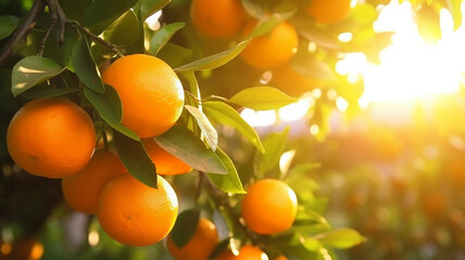 A bunch of bright, fruity oranges growing in an orange field amidst the setting sun. beautiful natural scenery Generative AI