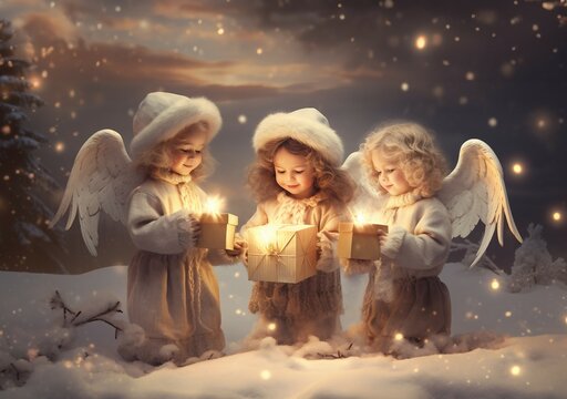 Xmas postcard with beautiful cherub angels holding Christmas gifts in the snow with innocence and charm, post card or wallpaper illustration 