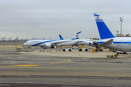 30 October 2023 EWR Airport Newark NJ USA. Plane from Israel Airlines prepares at Newark International Airport terminal EWR