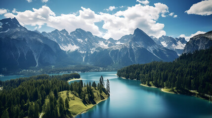 Fototapeta na wymiar A landscape of mountains and a lake with a lake and mountains in the background. Panoramic Wallpaper Image,AI Generative 