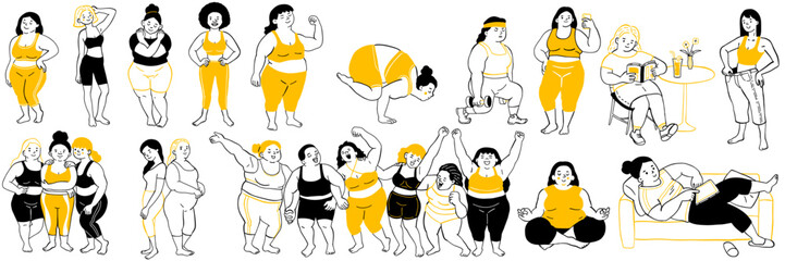 Cute vector illustration doodle characters of body positive women, plus size and skinny types. Outline, thin line art, hand drawn sketch design.   - obrazy, fototapety, plakaty