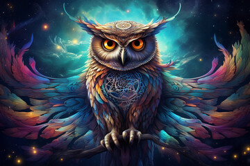 Vibrant color owl illustration. colorful owl fractal galaxy