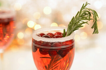 closeup of Christmas Cranberry Champagne cocktail
