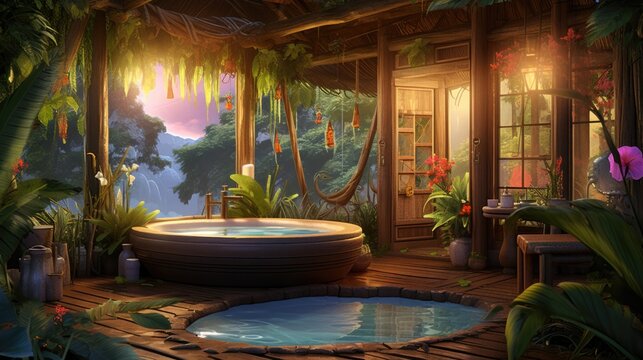 Tranquil tropical spa with sunset view, wooden hut, vibrant flowers, serene atmosphere, round bathtub, nature harmony. Tropical relaxation space.