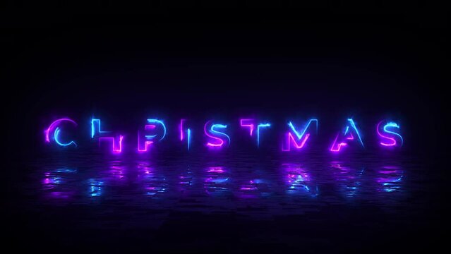Merry christmas Glowing Neon Text video. Purple and Blue Glowing Effect, 4K Animated christmas Text Video