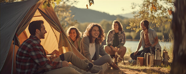 Happy people camping in nature. Company of young people have an adventure in the forest. - obrazy, fototapety, plakaty