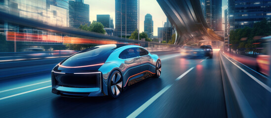 Electric autonomous car overtakes urban vehicle by changing lanes. - obrazy, fototapety, plakaty