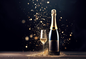 Bottle and glass of champagne with golden glitter a new year party - obrazy, fototapety, plakaty