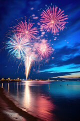 Fototapeta premium Fireworks show reflecting in the sea. The New Year celebration