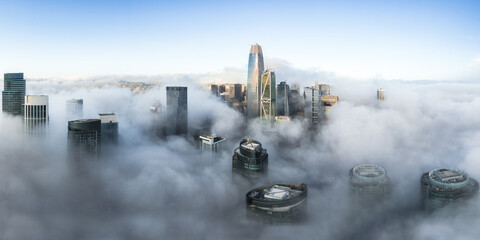 San Francisco Skyline Covered in Thick Fog / Clouds - Panorama 