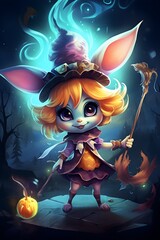 3d illustration design of a cute bunny as a halloween witch character