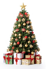 decorated christmas tree with gifts on isolated white background