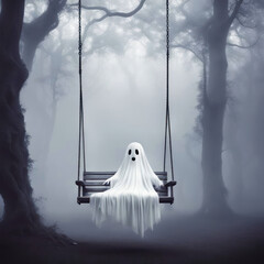 White ghost sitting on a bench swing in a misty spooky forest