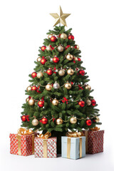 decorated christmas tree with gifts on isolated white background