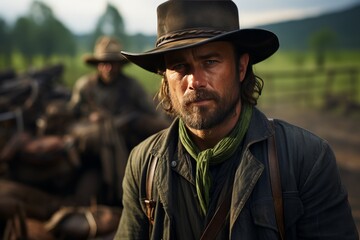 Fototapeta premium Portrait of mature man in cowboy clothes and hat against the backdrop of a wild western landscape. The Red Dead Redemption character looks at the camera with confident look. Real courageous cowboy.