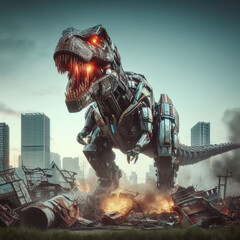 dinosaur robot destroyer city - obrazy, fototapety, plakaty