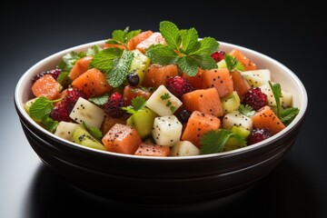 Healthy gourmet fruit salad on table, Exotic fruit salad elegantly nestled in a bowl