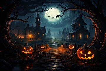 Halloween pumpkins in the forest at night. Halloween background with Evil Pumpkin. Spooky scary dark Night forrest