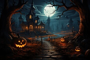 Halloween scene with pumpkins bats and full moon