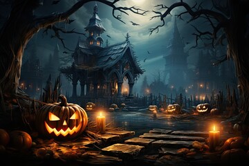 Fototapeta na wymiar Pumpkins with spooky halloween background