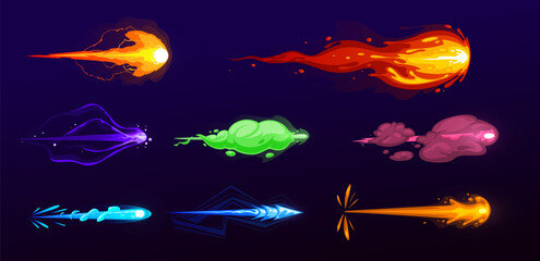 Vector cartoon illustration set of blasters laser or plasmic beams, cosmic shoots, objects for the game sooting, cartoon illustration set, color smoke