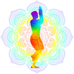 Colorful silhouette of Garudasana. Eagle pose. Intermediate Difficulty. Isolated vector illustration on Mandala background.