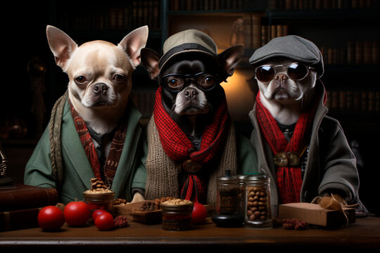 Three small pug dogs, with glasses and hats, wearing warm clothes, such as trench coats and scarves, in front is a table with tomatoes and jars of croquettes and food, in the background is a bookcase 