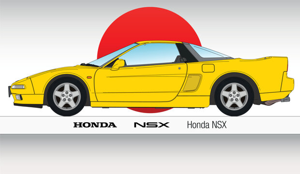 Japan, year 1990, Honda NSX sport car silhouette outlined with the national flag on background, vintage colassic car, coloured illustration