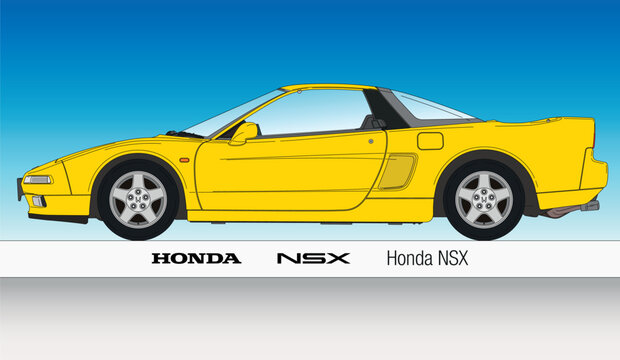 Japan, year 1990, Honda NSX sport car silhouette outlined on the blue sky background, vintage colassic car, coloured illustration
