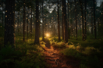 Mysterious forest at night with golden stars and light rays.