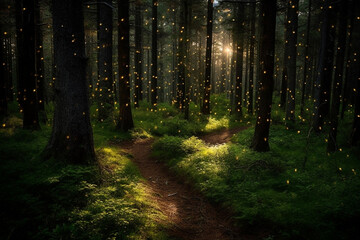 Fototapeta premium Mysterious forest at night with golden stars and light rays.