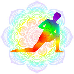 Colorful silhouette of Parivritta Anjaneyasana. Revolved Crescent Lunge on the Knee pose. Isolated vector illustration on Mandala background.