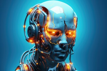 Cyborg head on neon colored background