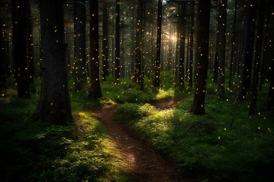 Mysterious forest at night with golden stars and light rays.