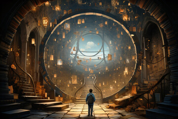 A small boy enters a large wizarding school where pages of magic sheets fly around. digital Ai - obrazy, fototapety, plakaty
