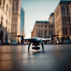 The quadcopter is flying in a big city, the future has come