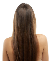Fototapeta premium Hair, woman and treatment in studio with back view for mock up on white background in Russia. Female model, head and texture for heat, damage or mask with keratin, botox or hydration for self care