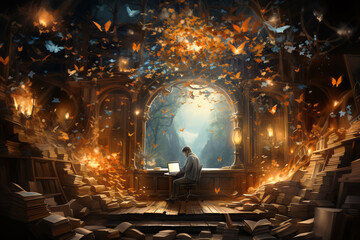 A creative room with many flying ideas in the form of books, letters and butterflies. In the center of the room, under the window, we see a writer writing a short story. AI generated