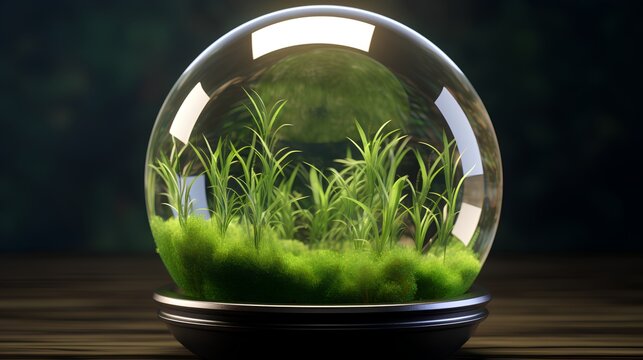 Nature sprouts, plants and grass in fragile glass sphere as symbol of protective environment. Conserve nature for sustainable, greener, and better tomorrow. Reforestation to save ecosystem.