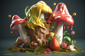 3d illustration of a cupcake with fruits and nuts on green moss