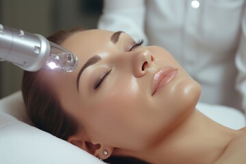 Beautician applying facial dermapen treatment on face of young woman customer in beauty salon.