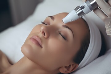 Beautician applying facial dermapen treatment on face of young woman customer in beauty salon. - obrazy, fototapety, plakaty