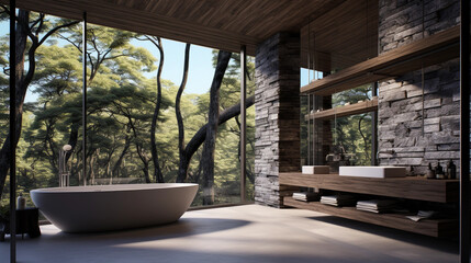Fototapeta premium A sleek and minimalist bathroom with floor-to-ceiling windows, offering a view of nature and plenty of natural light