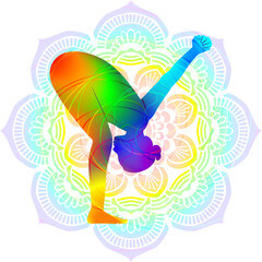 Fototapeta premium Colorful silhouette of Uttanasana. Standing Forward Bend with Shoulder Opener pose. Isolated vector illustration on Mandala background.