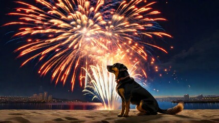 A Dog And Fireworks Creating A Dazzling, Background Images, Hd Illustrations