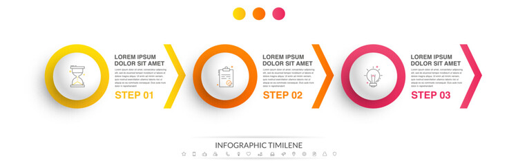 Business vector infographic design template. Circle timeline with icons and 3 three arrows or steps. Used for process diagram, presentations, workflow layout, info graph, banner, flow chart - obrazy, fototapety, plakaty