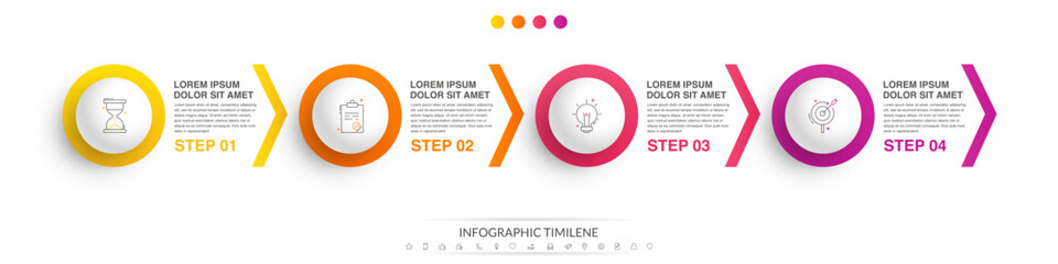 Business vector infographic design template. Circle timeline with icons and 4 four arrows or steps. Used for process diagram, presentations, workflow layout, info graph, banner, flow chart - obrazy, fototapety, plakaty